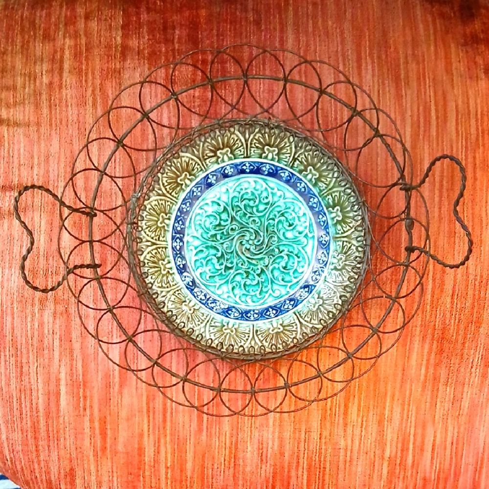 Antique Sarreguemines Majolica Plate In A Wire Heart Shaped Handle Basket